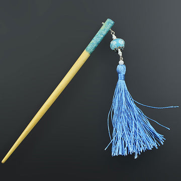 Handmade Japanese Fiber Paper Wrapped Hair Stick w/ Lampwork Bead and Tassels